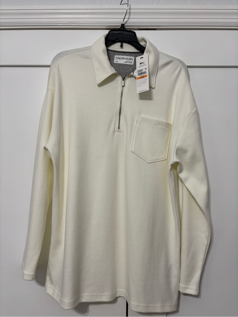 Calvin Klein Men's Cream Long-Sleeve Quarter-Zip Sweater with Chest Pocket